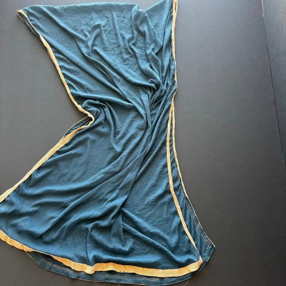 Vintage Boho Sheer Open Knit Scarf Peachy Nude Trim Blue Shawl Wrap